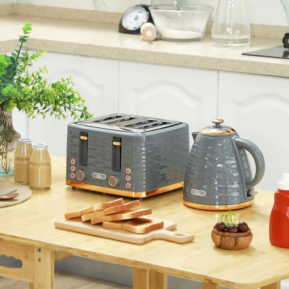 Skrudintuvas HOMCOM virdulio ir skrudintuvo rinkinys, pusryčių komplektas su 1,5 l virduliu, 4 riekelių skrudintuvu, 3000 W, 7 skrudinimo lygiais, atitirpinimo, pašildymo funkcijomis ir trupinių padėklu, „Otter“ termostatas, pilkas