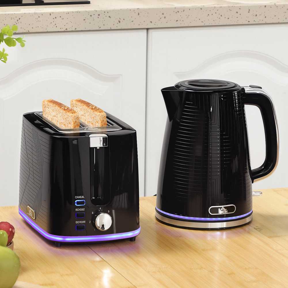 Skrudintuvas HOMCOM virdulio ir skrudintuvo rinkinys, 2200W, Otter termostatas, 2 skrudintuvų angos, 7 rudumo lygiai, dėklas trupiniams, juodas