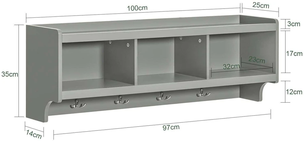 SoBuy sieninė lentyna-kabykla su skyreliais ir 4 kabliukais FHK28-HG