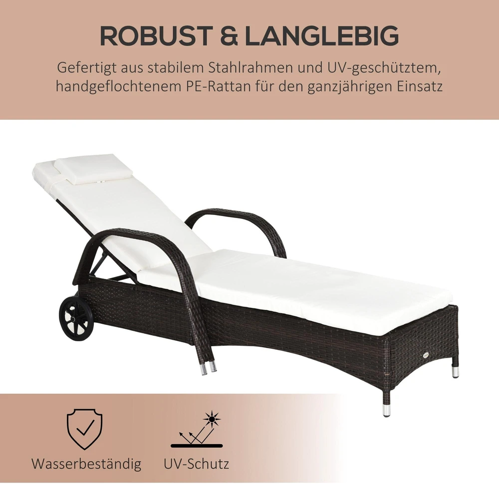 Outsunny sodo gultas, rotango gultas, mobilus su pagalve ir ratukais, polirotango ir metalo, kavos rudos spalvos, 200 x 73 x 30–103 cm