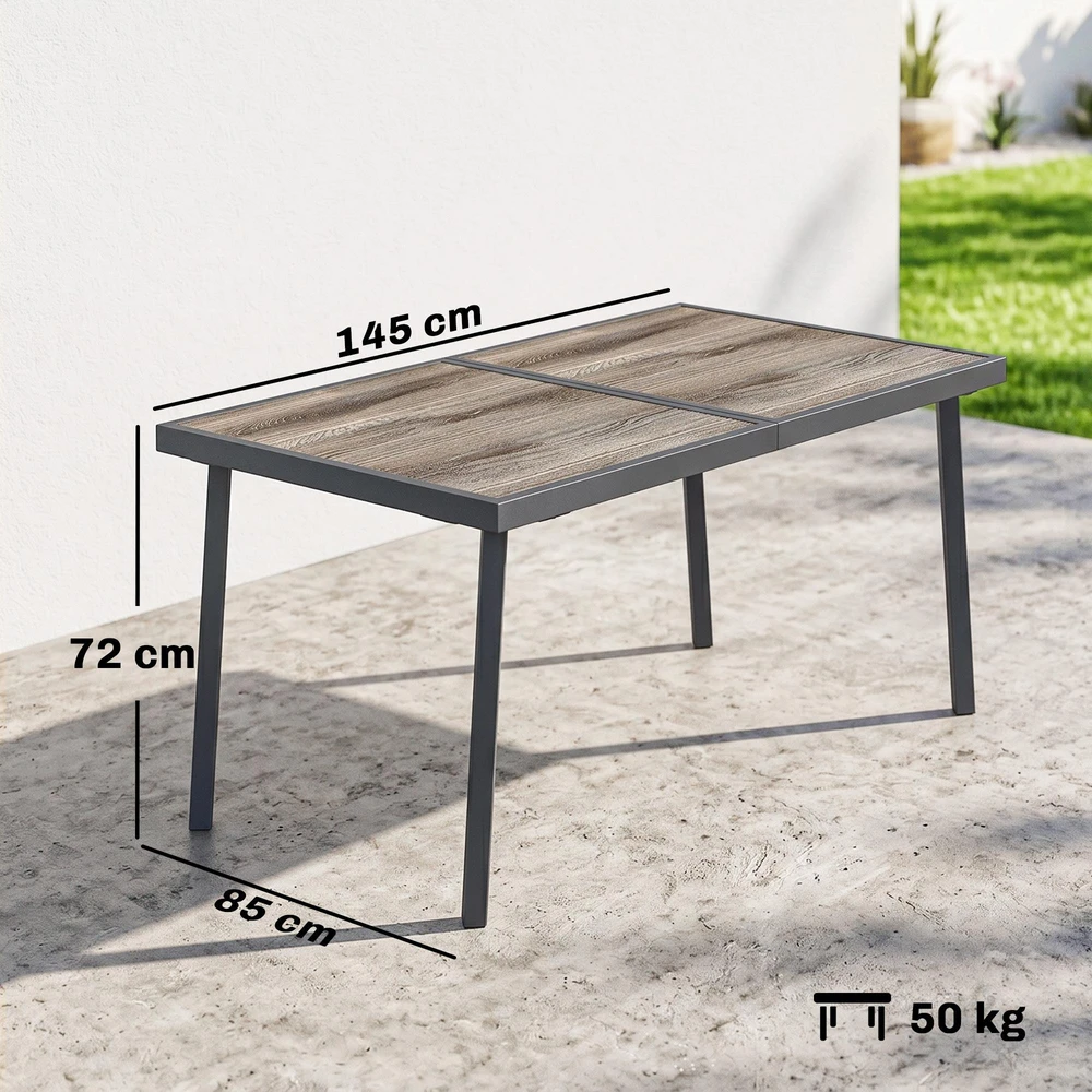 Outsunny sodo stalas, balkono stalas, 145 x 85 cm terasos stalas 6 asmenims, medžio išvaizdos, lauko valgomojo stalas, plieno rėmas, pilkas