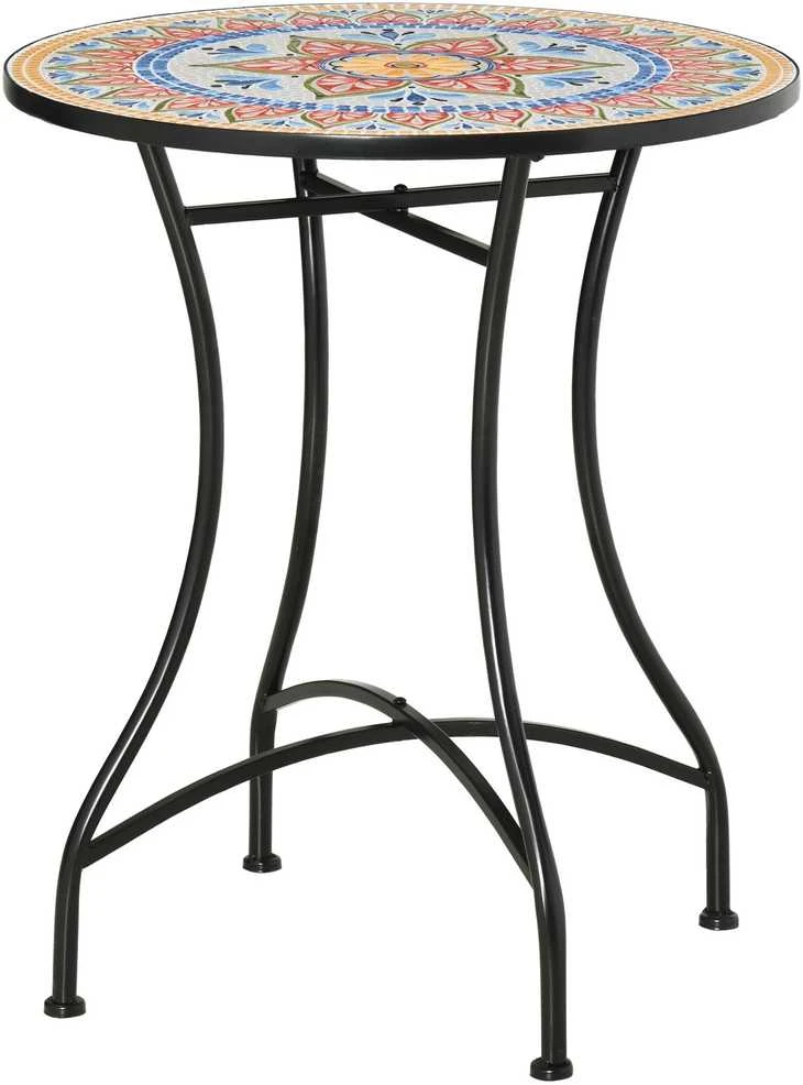 Outsunny sodo stalas, mozaikinis apvalus bistro stalas, pagalbinis staliukas su keraminiu mozaikos paviršiumi, metalinis, raudona+mėlyna+balta spalva, Ø60 cm