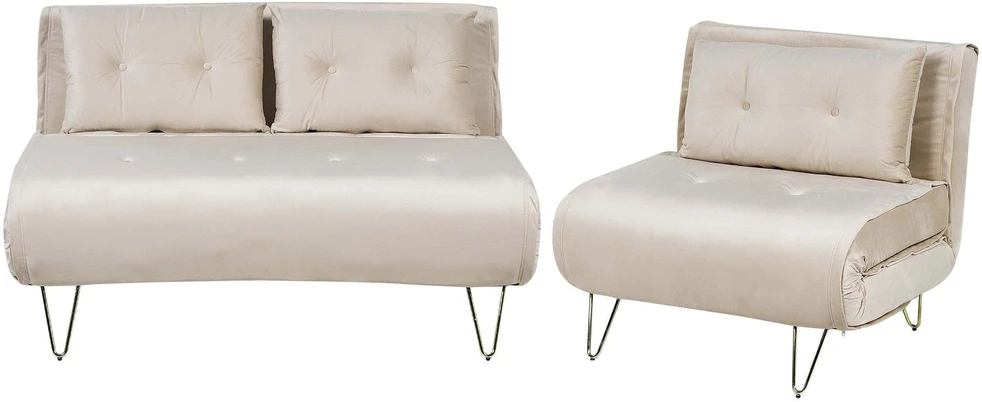 Sofa Beliani 3 vietų poilsio komplektas VESTFOLD, veliūrinis, smėlio spalvos