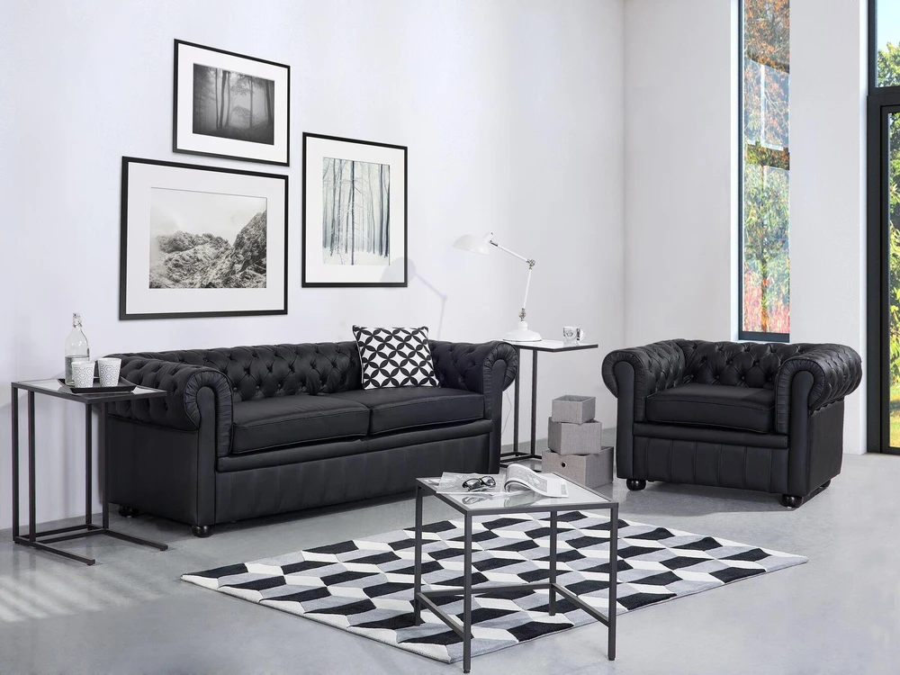 Sofa Beliani 4 asmenų poilsio baldų komplektas CHESTERFIELD, natūrali oda, juoda spalva
