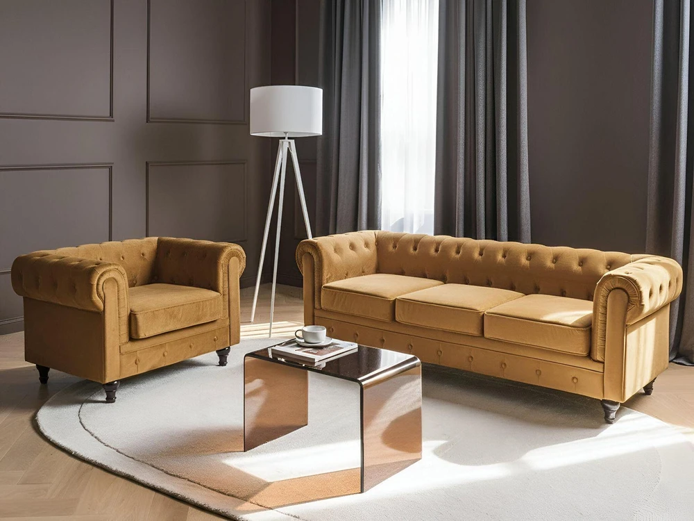 Sofa Beliani 4 vietų poilsio komplektas CHESTERFIELD, veliūras, auksinis