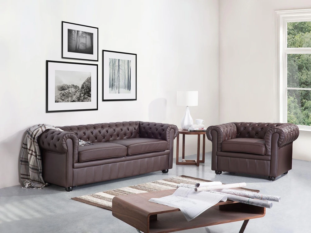 Sofa Beliani 4 vietų poilsio komplektas CHESTERFIELD natūralios odos, rudas