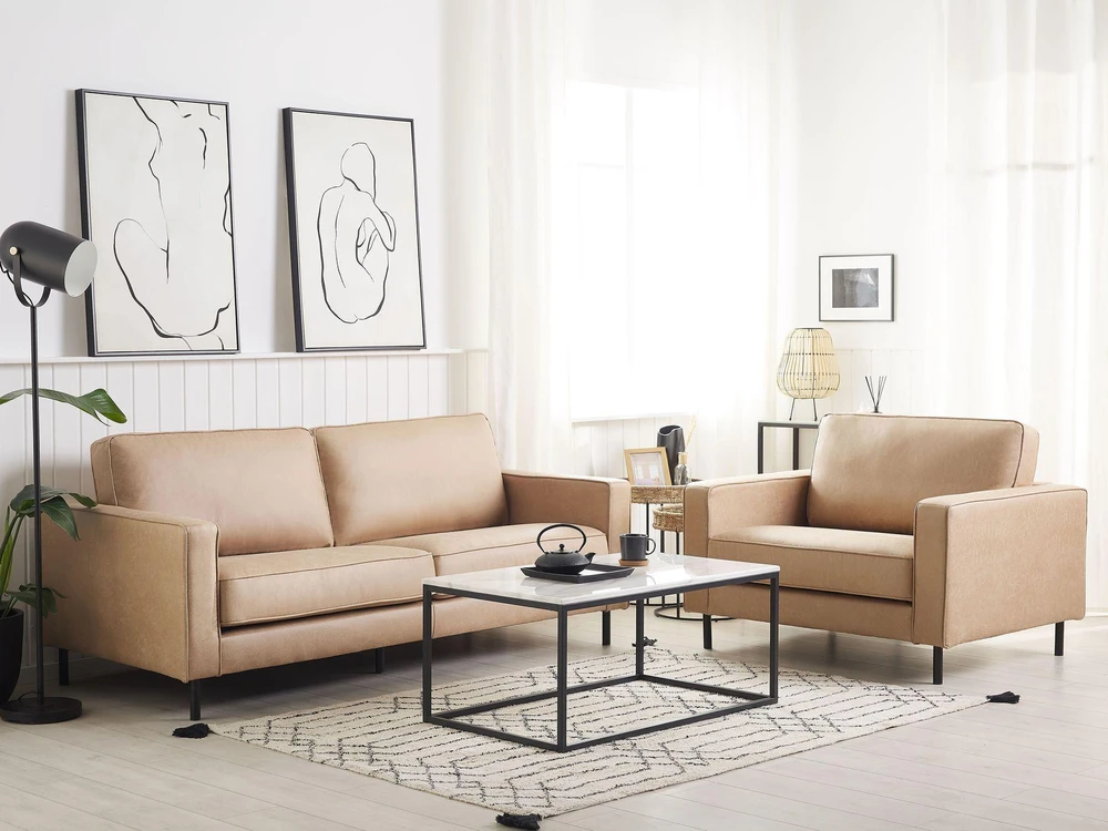 Sofa Beliani 4 vietų svetainės baldų komplektas SAVALEN iš ekologiškos odos, smėlio spalvos