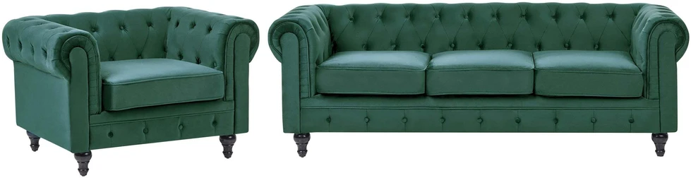 Sofa Beliani 4 vietų svetainės baldų komplektas CHESTERFIELD, smaragdo spalvos veliūras