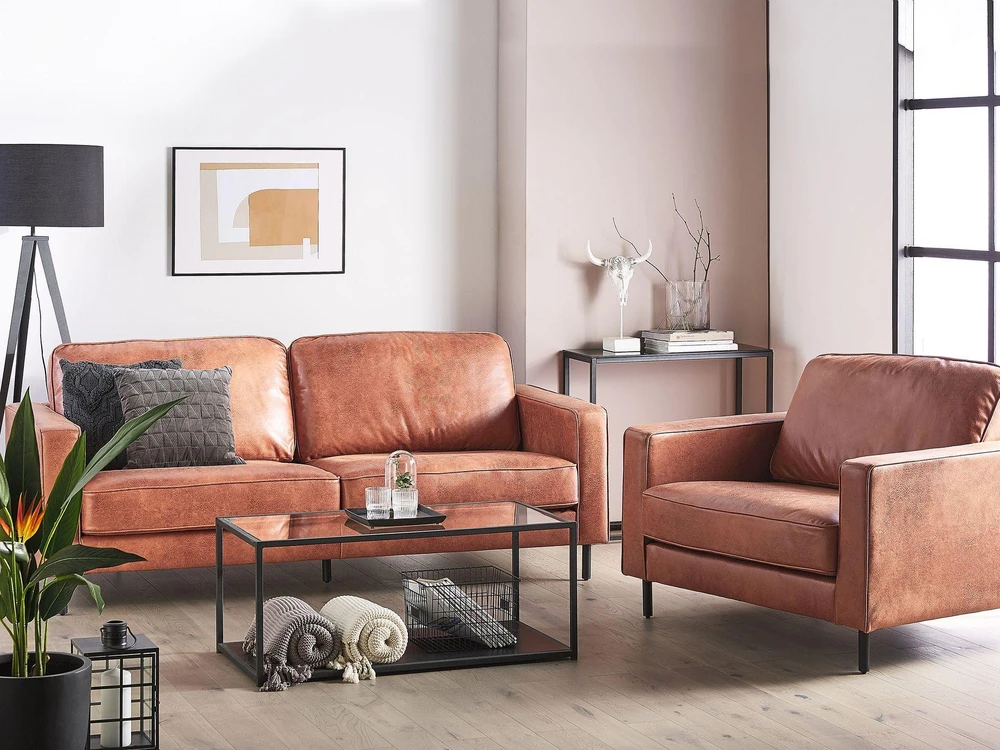 Sofa Beliani 4 vietų svetainės baldų komplektas SAVALEN, ekologiška oda, auksinė ruda