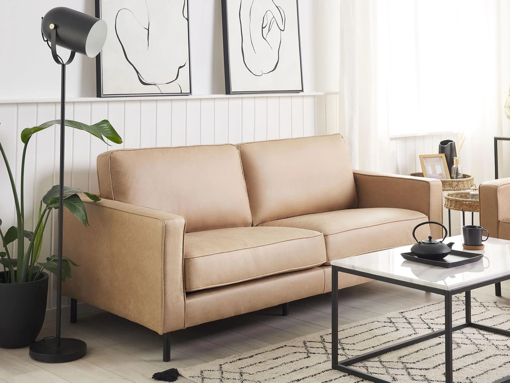 Sofa Beliani 4 vietų svetainės baldų komplektas SAVALEN iš ekologiškos odos, smėlio spalvos