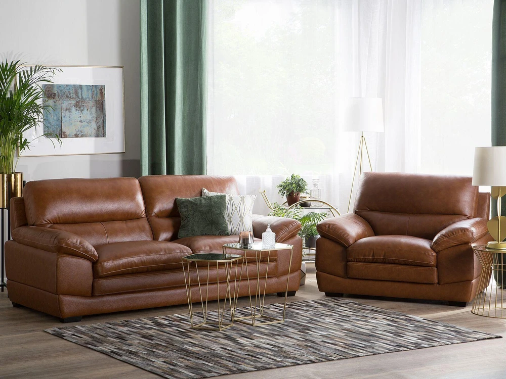 Sofa Beliani 4 vietų svetainės baldų komplektas HORTEN Natūrali oda Ruda