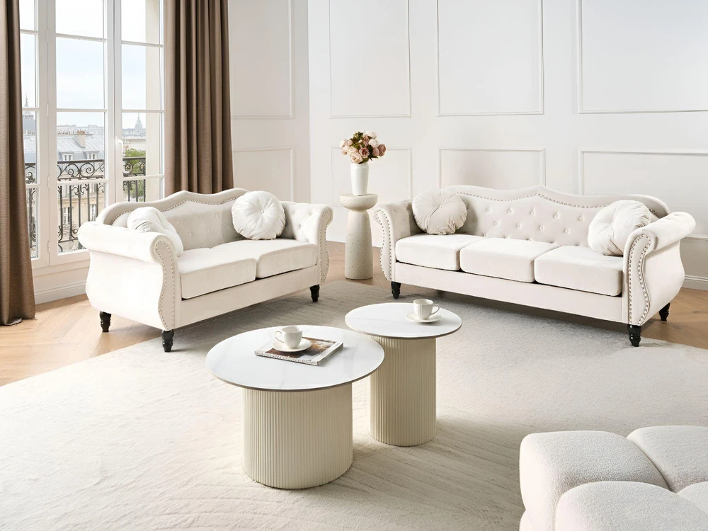Sofa Beliani 5 asm. svetainės baldų komplektas SKIEN, veliūras, šviesi smėlio spalva