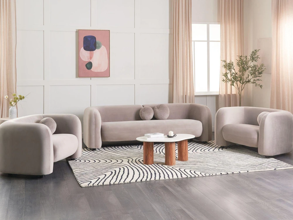 Sofa Beliani 5 asmenų minkštas baldų komplektas LEIREN, veliūrinis, smėlio spalvos