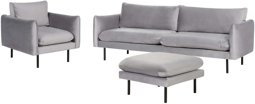 Sofa Beliani 5 vietų svetainės baldų komplektas VINTERBRO, veliūras, pilkas, su pufu