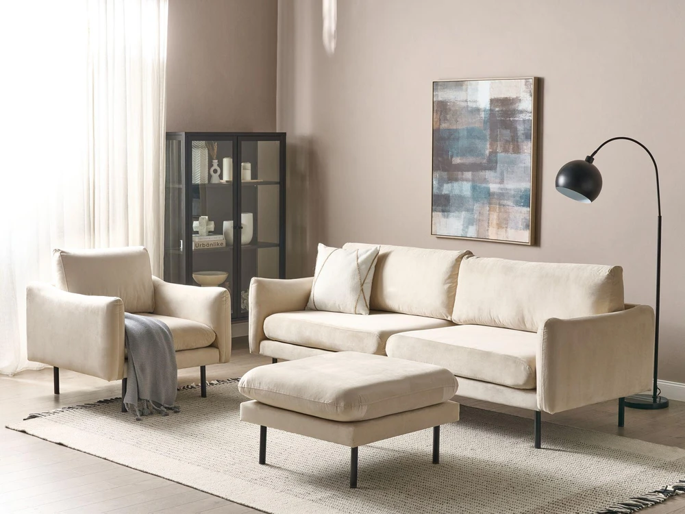 Sofa Beliani 5 vietų svetainės baldų komplektas VINTERBRO, veliūrinis, šviesiai smėlio spalvos su pufu