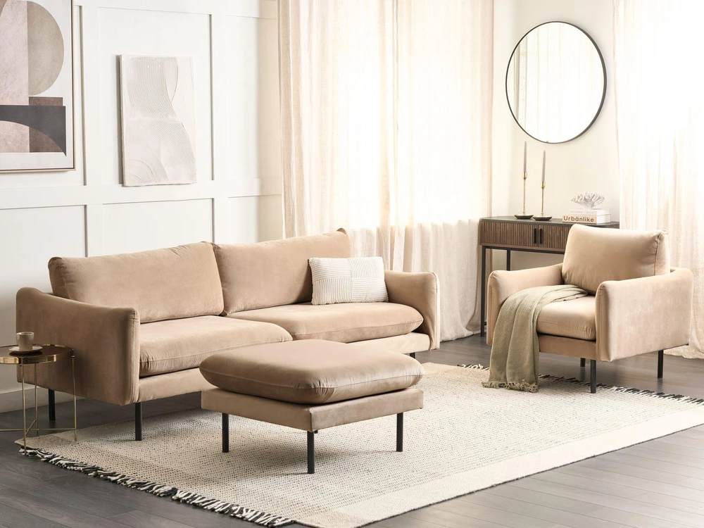 Sofa Beliani 5 vietu svetaines baldu komplektas VINTERBRO, veliuras, smėlio spalva, su otomane