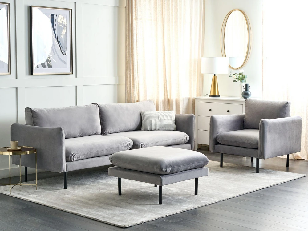 Sofa Beliani 5 vietų svetainės baldų komplektas VINTERBRO, veliūras, pilkas, su pufu