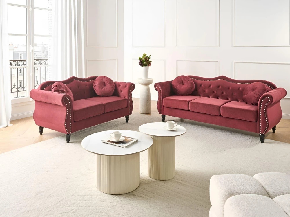 Sofa Beliani 5 vietų svetainės baldų komplektas SKIEN, veliūras, bordo spalvos