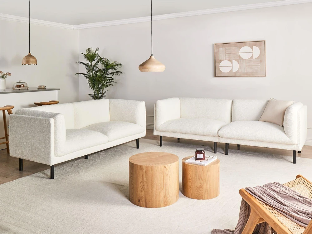 Sofa Beliani 5 vietų svetainės baldų komplektas VORGOD Boucle, kreminės baltos spalvos