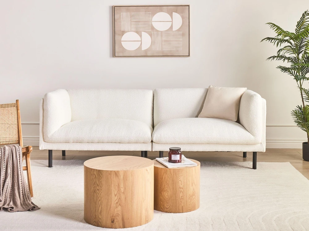 Sofa Beliani 5 vietų svetainės baldų komplektas VORGOD Boucle, kreminės baltos spalvos