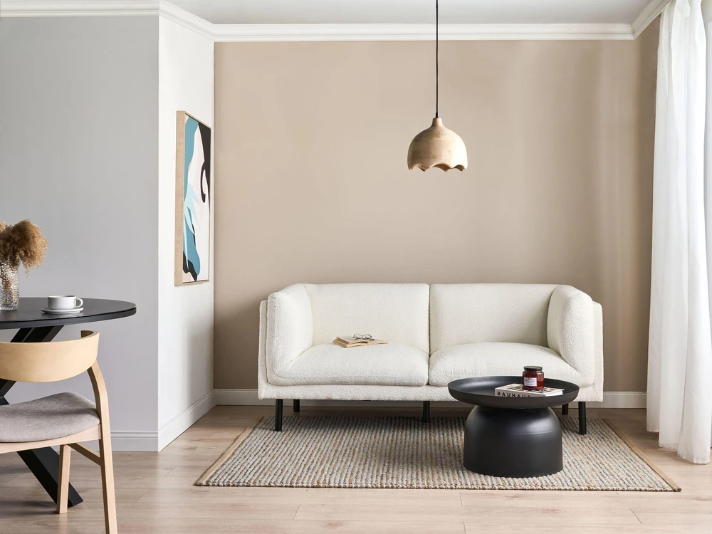 Sofa Beliani 5 vietų svetainės baldų komplektas VORGOD Boucle, kreminės baltos spalvos