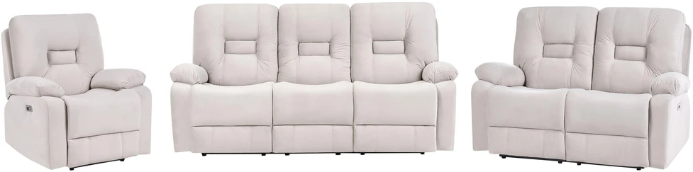 Sofa Beliani 6 vietų svetainės baldų komplektas su elektrine atsipalaidavimo funkcija BERGEN veliūras šviesiai smėlio spalvos su USB jungtimi