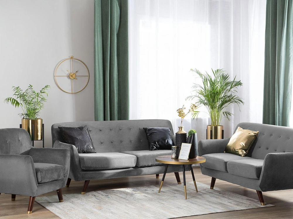 Sofa Beliani BODO 6 asmenų svetainės baldų komplektas, veliūras, pilkas
