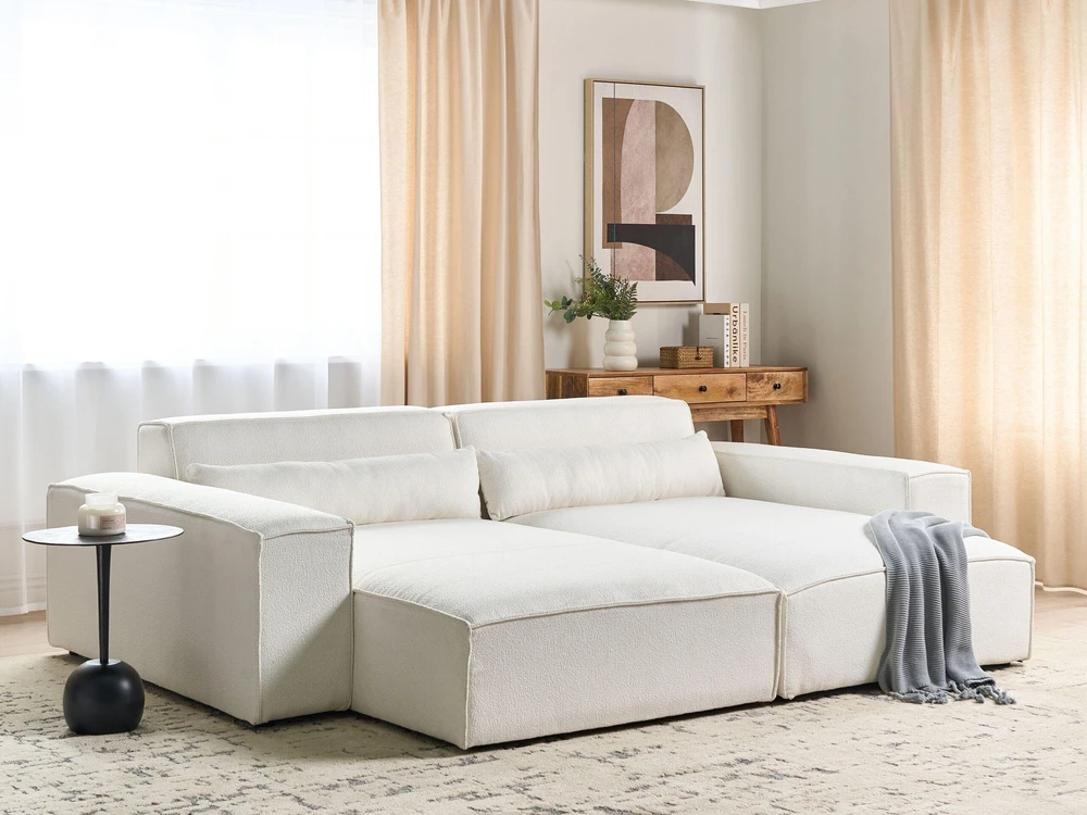 Sofa Beliani Dešininės pusės gultas HELLNAR Boucle, kreminės baltos spalvos