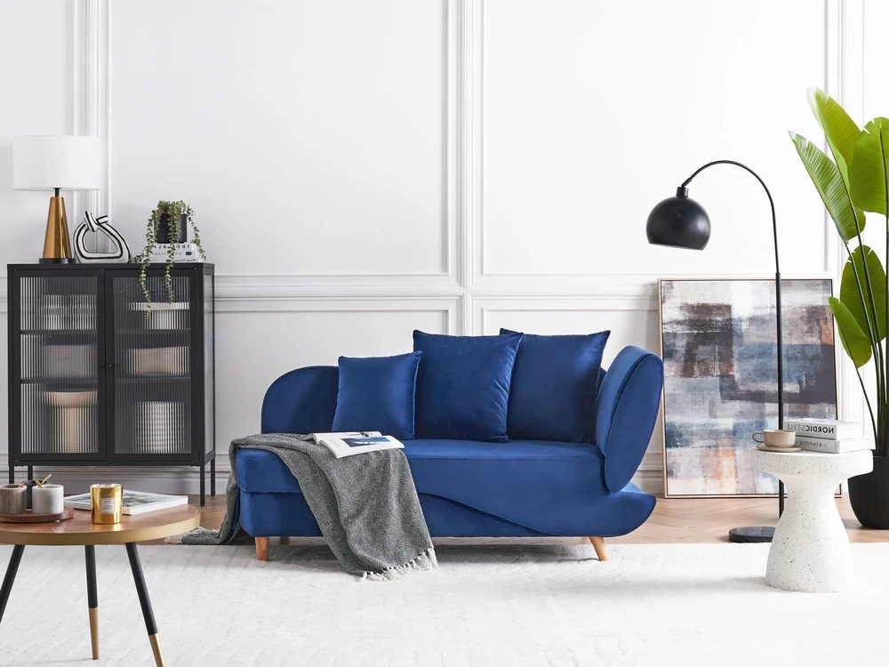 Sofa Beliani Dešininis šezlongas MERI aksominis tamsiai mėlynas su daiktadėže