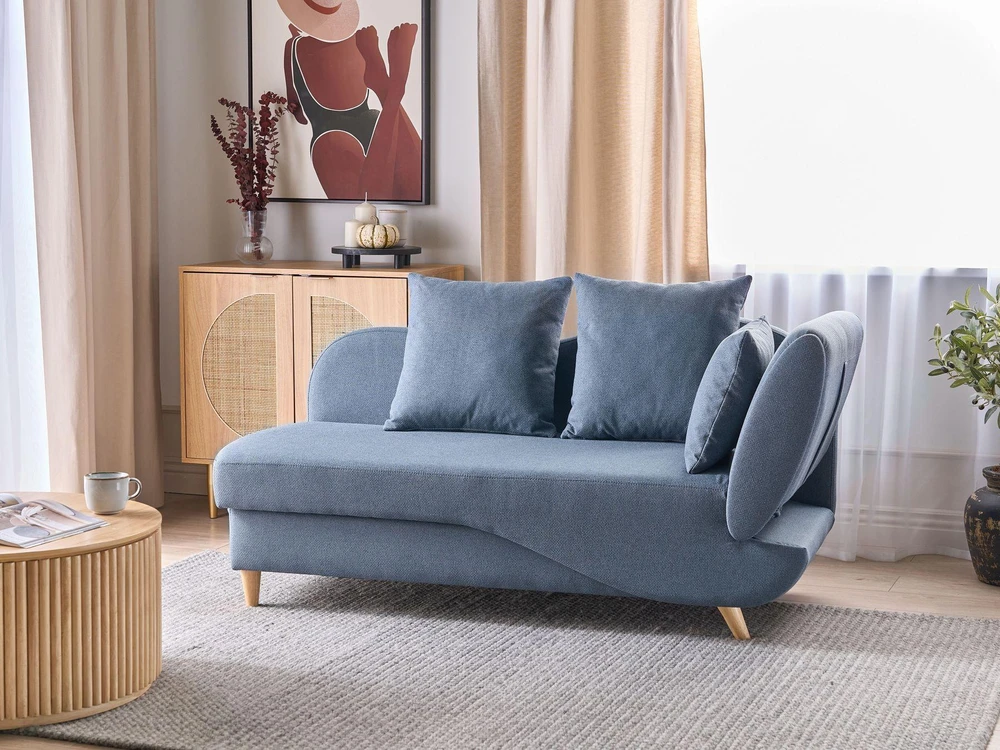 Sofa Beliani Dešininis šezlongas MERI iš sintetinio lino, tamsiai mėlynas su daiktadėže