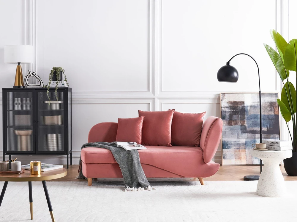 Sofa Beliani Dešininis šezlongas MERI su daiktadėže, veliūrinis, rožinis