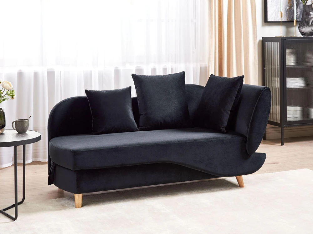 Sofa Beliani Dešininis szezlongas MERI, veliūrinis, juodas, su daiktadėže