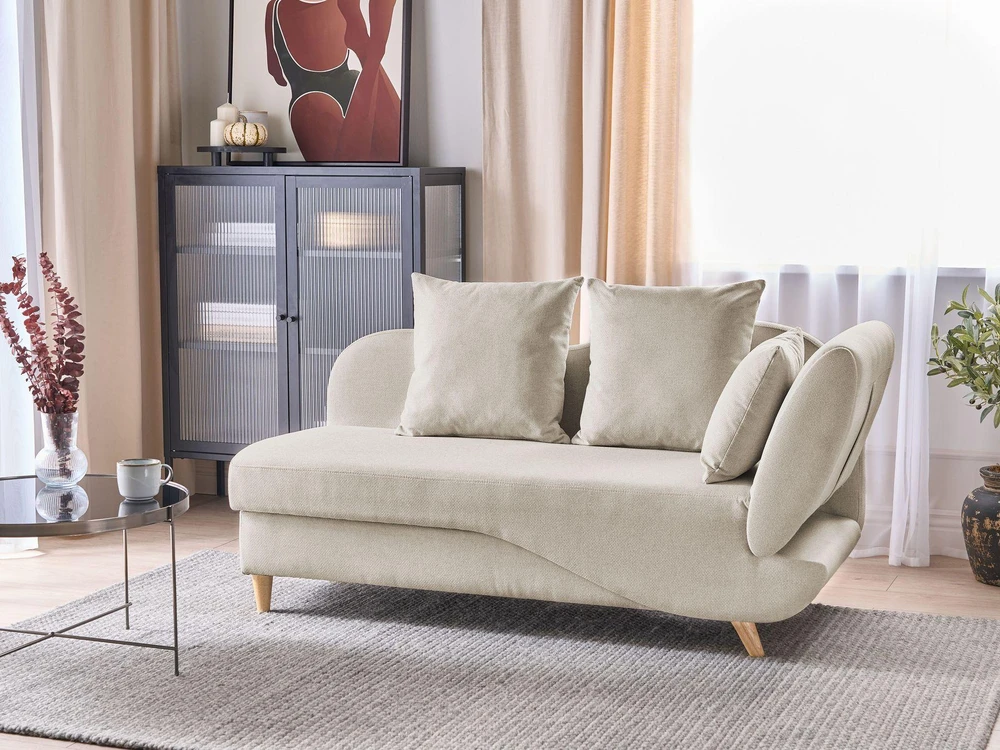 Sofa Beliani Dešinysis gultas MERI su daiktadėže, sintetinis linas, šviesiai smėlio spalvos