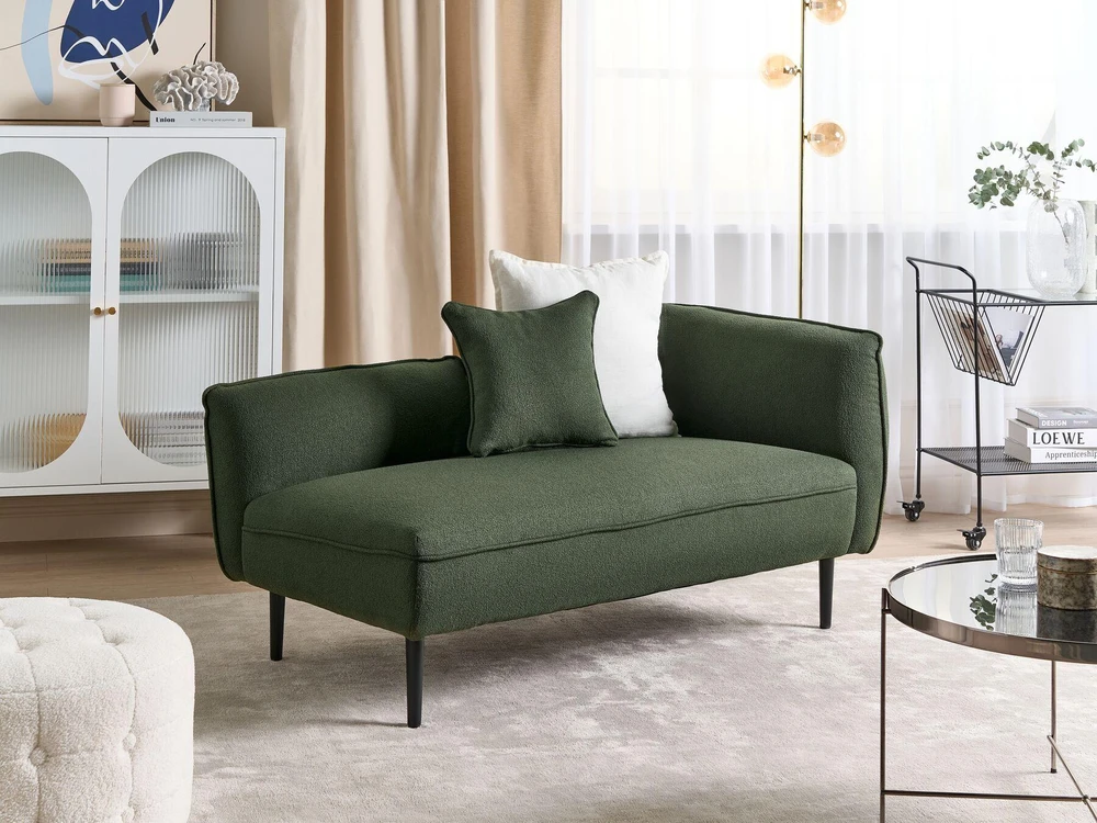 Sofa Beliani Dešinysis šezlongas CHEVANNES, „bouclé“, tamsiai žalias