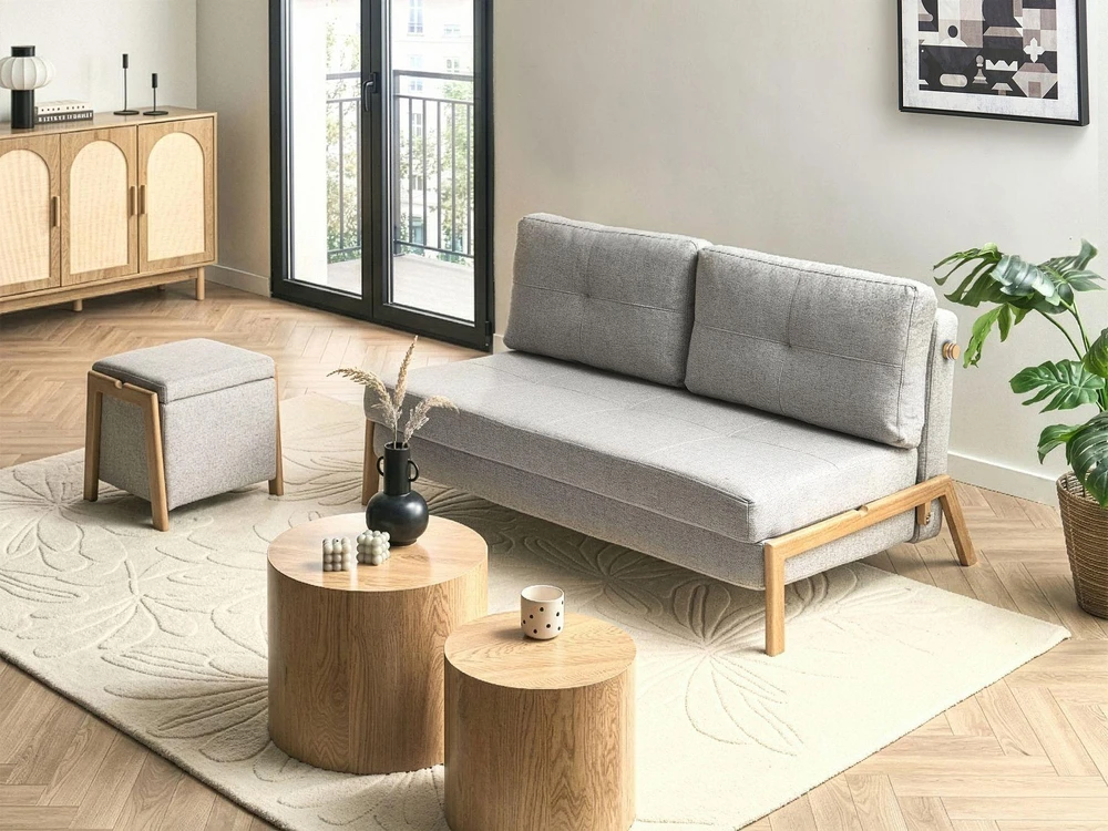 Sofa Beliani EDLAND poilsio komplektas 3 asmenims su pufa, šviesiai pilkas