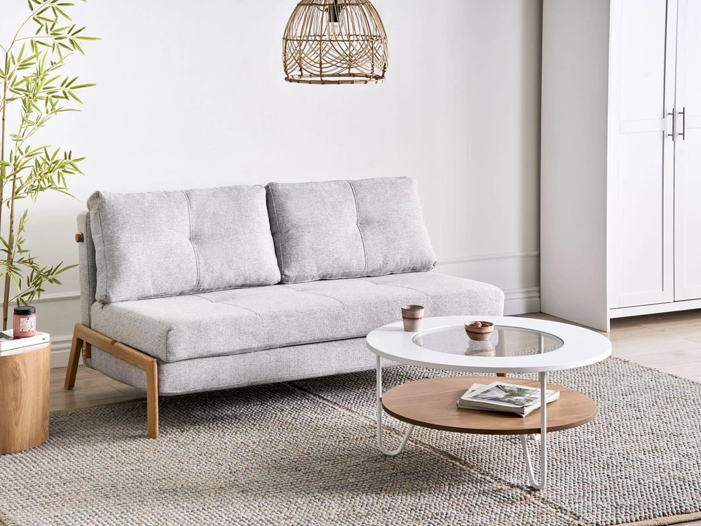 Sofa Beliani EDLAND poilsio komplektas 3 asmenims su pufa, šviesiai pilkas
