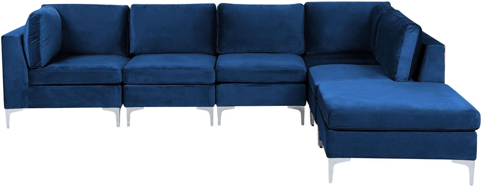 Sofa Beliani EVJA modulinis kampas 5 asmenims su pufu, tamsiai mėlynas veliūras, kairinis