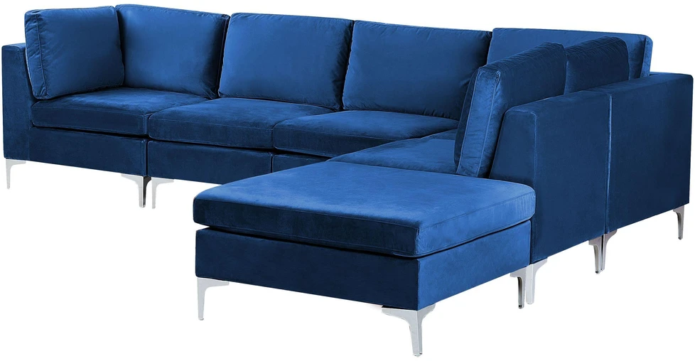 Sofa Beliani EVJA modulinis kampas 5 asmenims su pufu, tamsiai mėlynas veliūras, kairinis