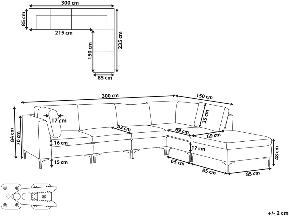 Sofa Beliani EVJA modulinis kampas 5 asmenims su pufu, tamsiai mėlynas veliūras, kairinis