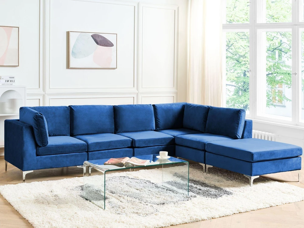 Sofa Beliani EVJA modulinis kampas 5 asmenims su pufu, tamsiai mėlynas veliūras, kairinis
