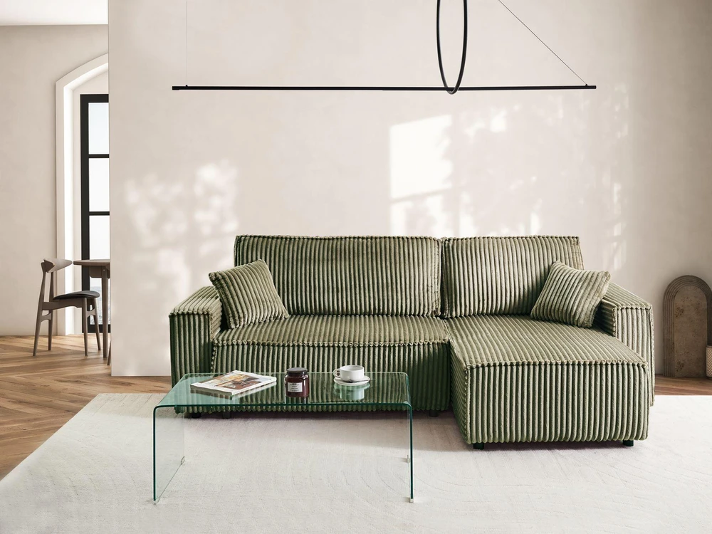 Sofa Beliani Išskleidžiamas kampas 3 asmenims ABACKA, velvetinis, žalias, su daiktadėže, kairinis