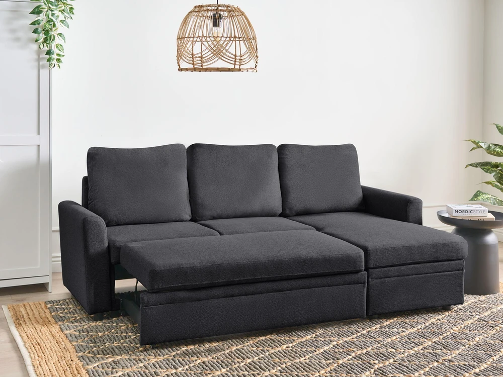 Sofa Beliani Išskleidžiamas kampas 3 asmenims NASSJO sintetinio lino juodas kairinis