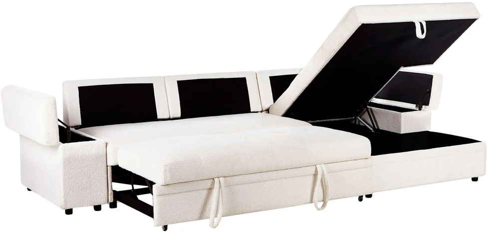 Sofa Beliani Išskleidžiamas kampas HRISEY Boucle Baltos spalvos su daiktadėže kairinis