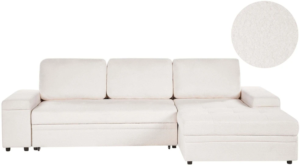 Sofa Beliani Išskleidžiamas kampas HRISEY Boucle Baltos spalvos su daiktadėže kairinis