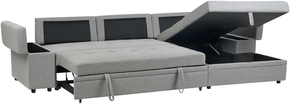 Sofa Beliani Išskleidžiamas kampas HRISEY, 3 vietų, sintetinis linas, pilkas su daiktadėže, kairinis