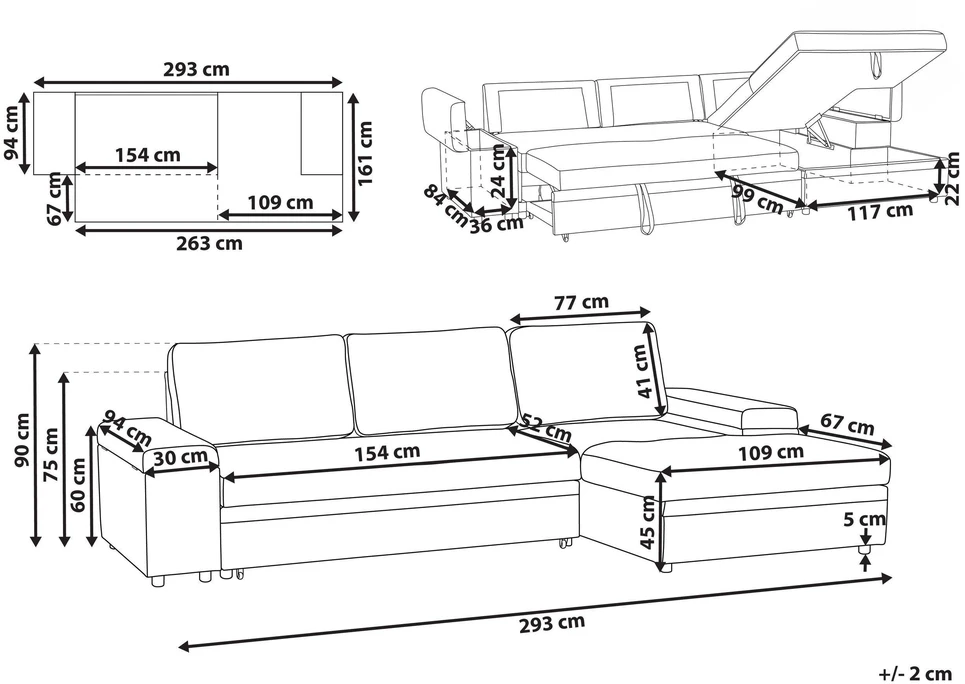 Sofa Beliani Išskleidžiamas kampas HRISEY, 3 vietų, sintetinis linas, pilkas su daiktadėže, kairinis
