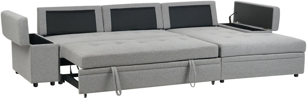 Sofa Beliani Išskleidžiamas kampas HRISEY, 3 vietų, sintetinis linas, pilkas su daiktadėže, kairinis