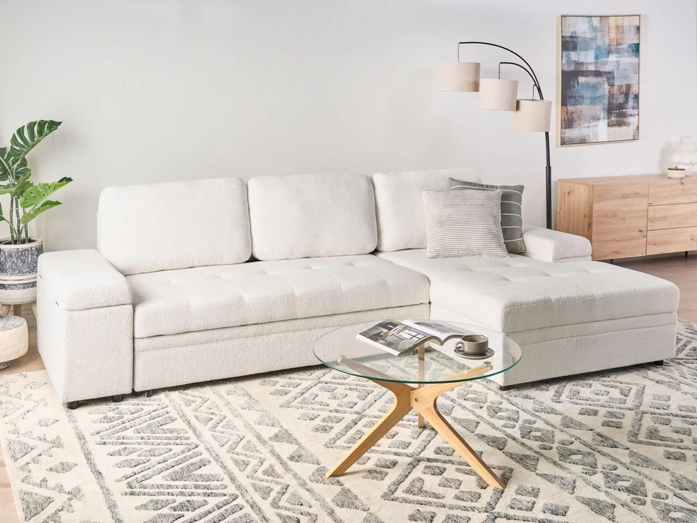 Sofa Beliani Išskleidžiamas kampas HRISEY Boucle Baltos spalvos su daiktadėže kairinis