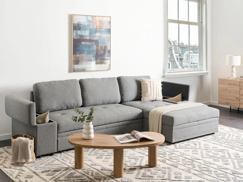 Sofa Beliani Išskleidžiamas kampas HRISEY, 3 vietų, sintetinis linas, pilkas su daiktadėže, kairinis