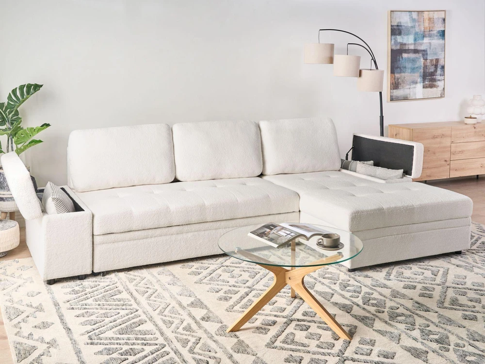 Sofa Beliani Išskleidžiamas kampas HRISEY Boucle Baltos spalvos su daiktadėže kairinis